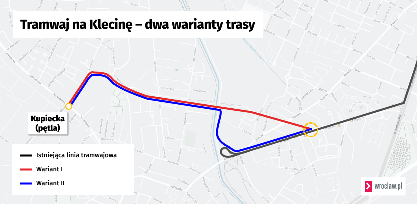 Mapa przedstawia dwa warianty przebiegu trasy tramwaju na Klecinę