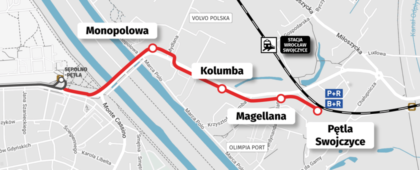 Mapa z przebiegiem linii tramwajowej na Swojczyce