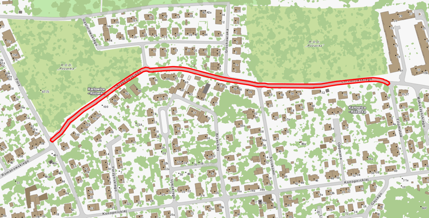 Mapa przedstawia odcinek ulicy Chrzanowskiego, który będzie przebudowywany