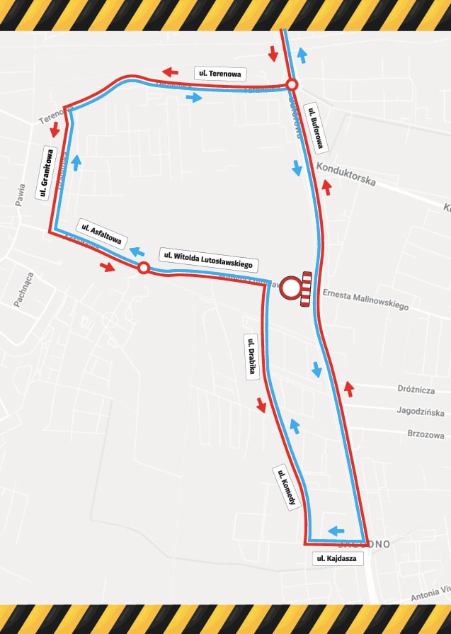 Mapa przedstawia sugerowany objazd zamkniętego fragmentu ul. Lutosławskiego