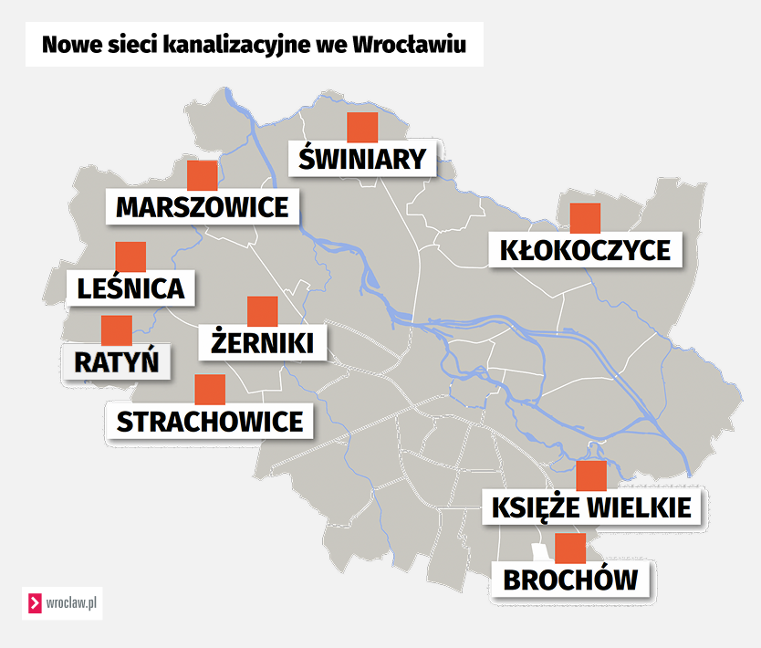 <p>Mapa Wrocławia z zaznaczonymi 9 osiedlami, kt&oacute;re zyskają możliwość podłączenia do sieci kanalizacyjnej</p>