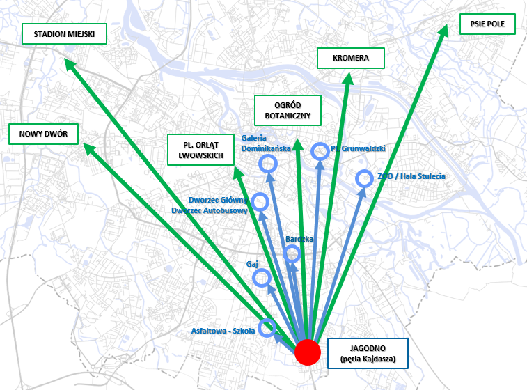 Mapa przedstawia połączenia Jagodna z różnymi częściami Wrocławia. Niebieskie linie to połączenia istniejące, a zielone to te, które przybędą 5 maja
