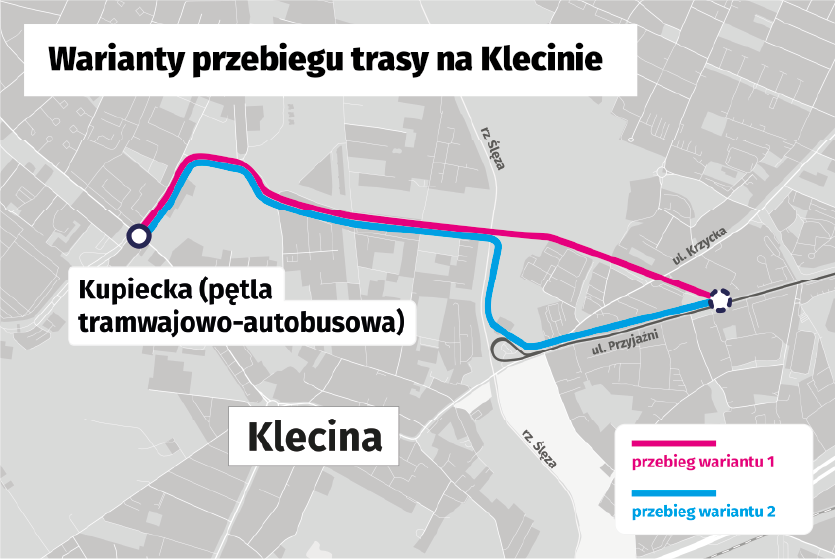 Grafika-mapa z zaznaczonymi dwiema możliwościami przebiegu trasy tramwajów przez Klecinę