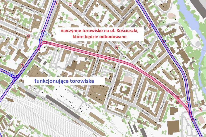 Mapa przedstawia ul. Kościuszki z zaznaczonym torowiskiem, które zostanie odbudowane