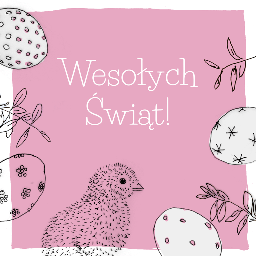 Motywy wielkanocne - pisanki, kurczak, gałązki. Napis: Wesołych Świąt. Grafika ilustracyjna