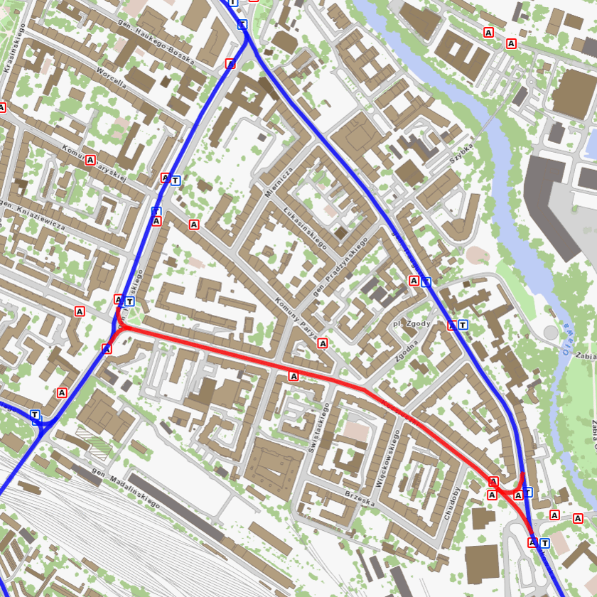 Mapa przedstawia obecne i przyszłe torowiska tramwajowe. Kolorem niebieskim zaznaczone są funkcjonujące tory tramwajowe. Czerwonym te, które powstaną po przebudowie ulicy Kościuszki