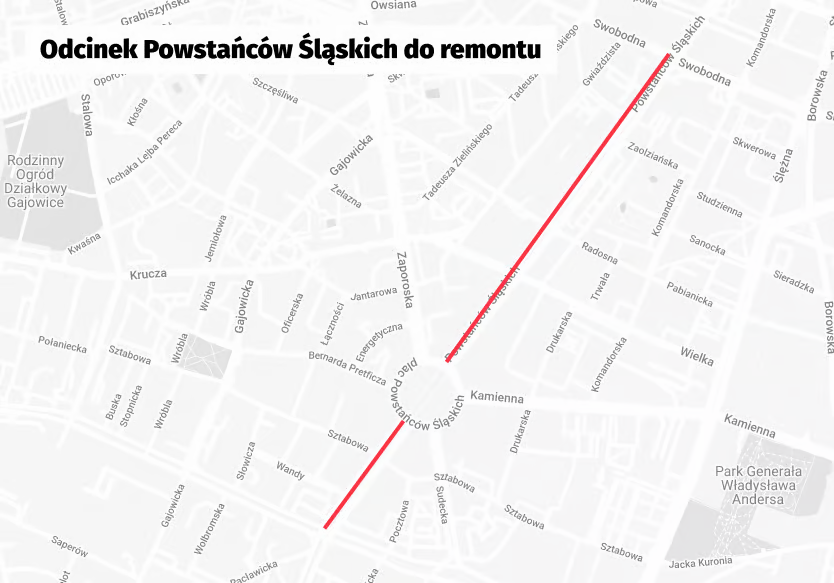 Mapa przedstawia odcinek ulicy Powstańców Śląskich, który przejdzie remont