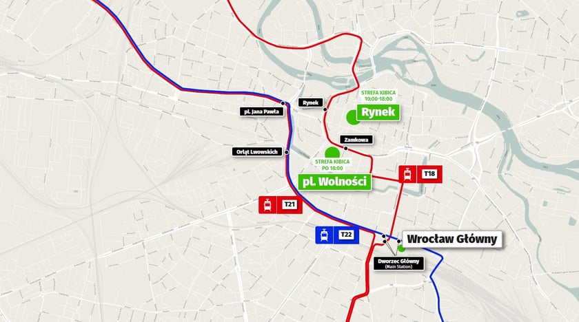 dojazd tramwajami z dworca głównego na stadion