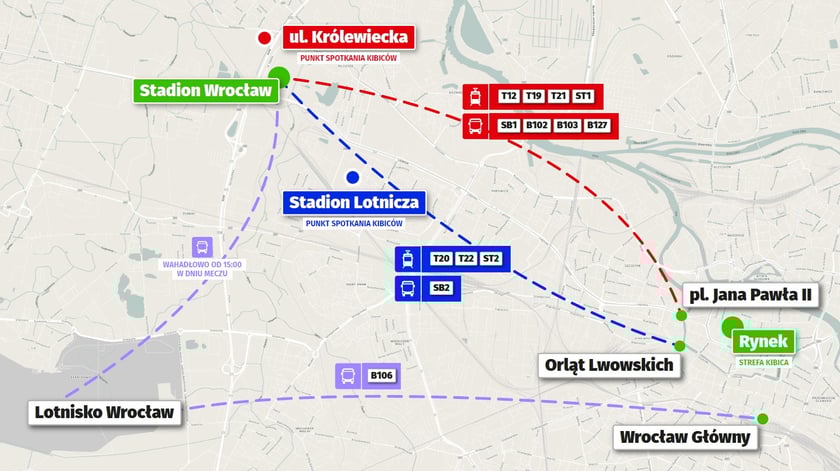 Schemat dojazdu komunikacją miejska na mecz, uwzględniający lotnisko i główny dworzec kolejowy