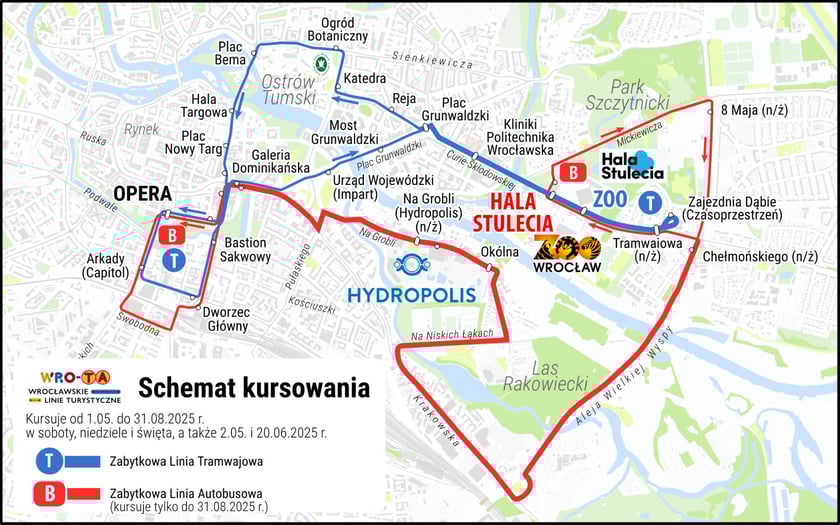 Mapa z przebiegiem linii turystycznych  T i B