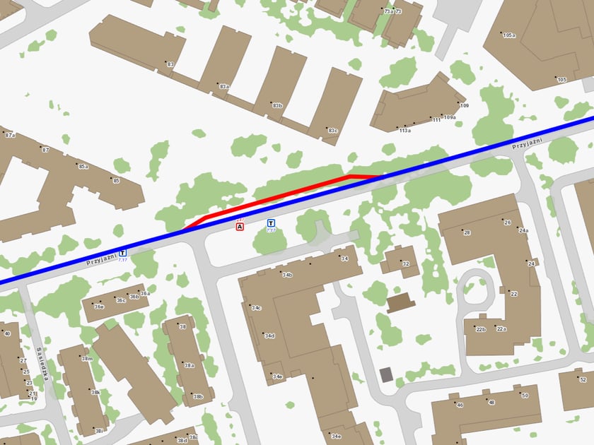 Mapa przedstawia fragment ulicy Przyjaźni i miejsce, w którym powstanie mijanka. Jej zachodni koniec będzie na wysokości ulicy Braterskiej