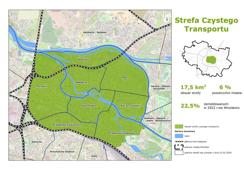 Mapa przedstawia obszar potencjalnej strefy czystego transportu we Wrocławiu