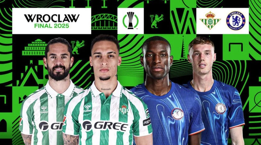 <p>Grafika z piłkarzami Betisu (Isco i Antony) oraz Chelsea (Nicolas Jackson i Cole Palmer)</p>