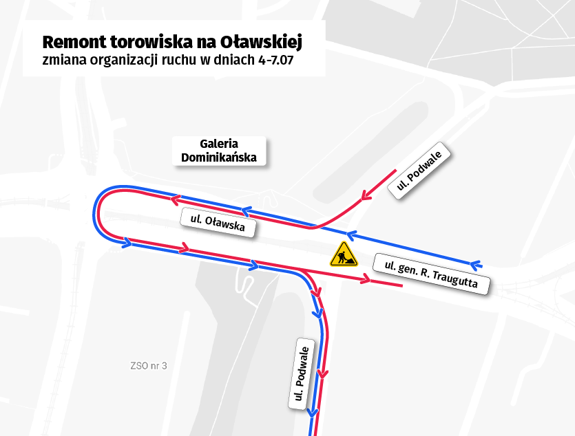 Mapa przedstawia objazdy wyznaczone z powodu braku przejazdu przez skrzyżowanie Traugutta i Oławskiej z Podwalem
