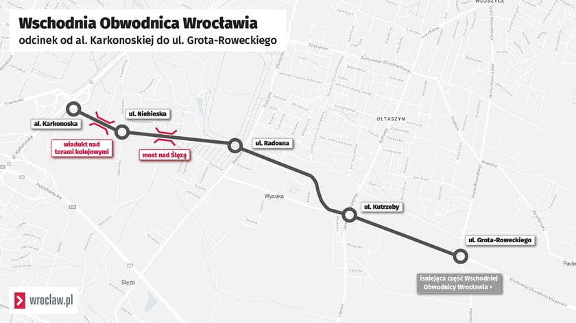 Mapa przedstawia przebieg Wschodniej Obwodnicy Wrocławia od Grota-Roweckiego do Karkonoskiej