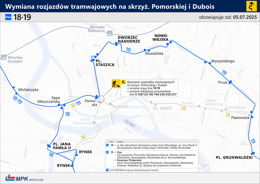 Zmienione trasy tramwajów linii 18 i 19