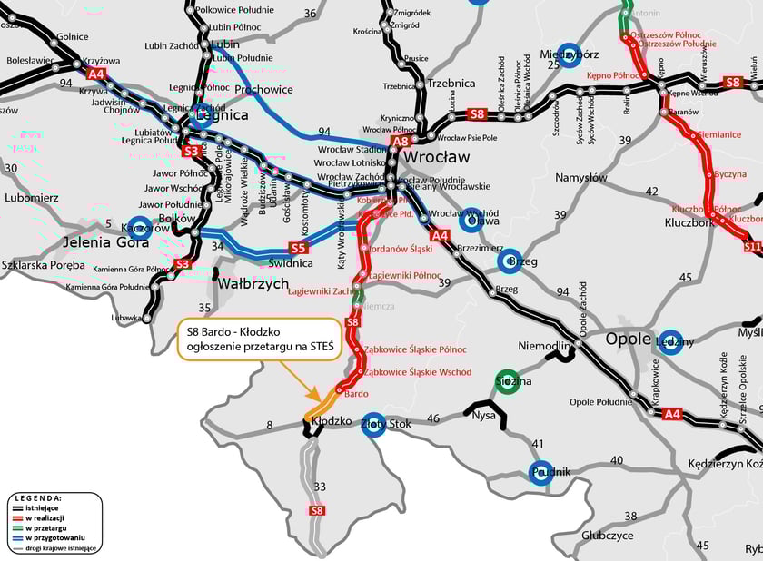 Przebieg S8 między Wrocławiem a Kłodzkiem