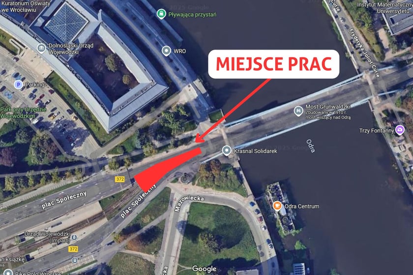 Mapa z zaznaczonym miejscem prac