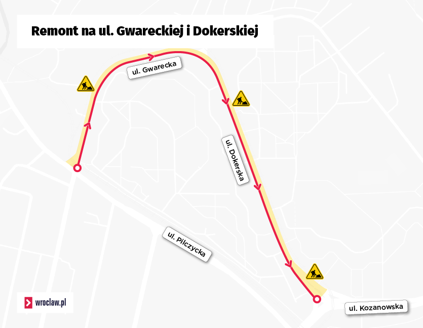 Mapa przedstawia remontowane ulice Gwarecką i Dokerską oraz kierunek ruchu