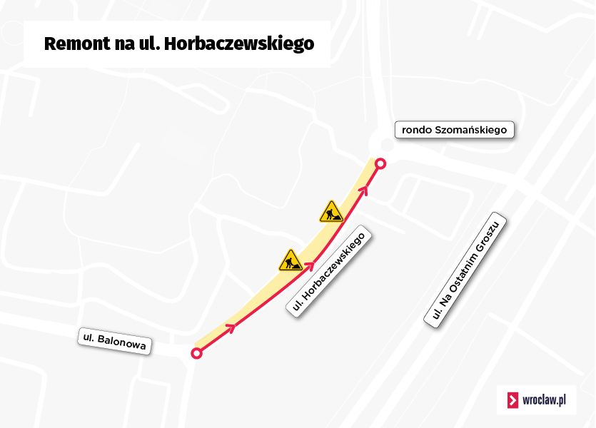 Mapa przedstawia remontowany odcinek ulicy Horbaczewskiego