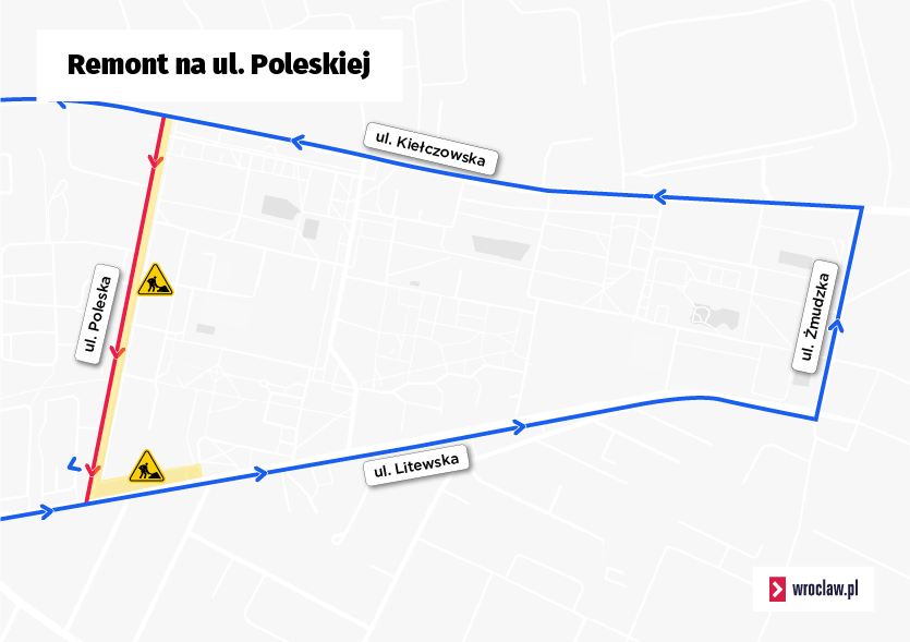 Mapa przedstawia remontowany odcinek ulicy Poleskiej i trasę objazdu