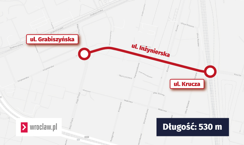 Mapa przedstawia remontowany odcinek ulicy Inżynierskiej