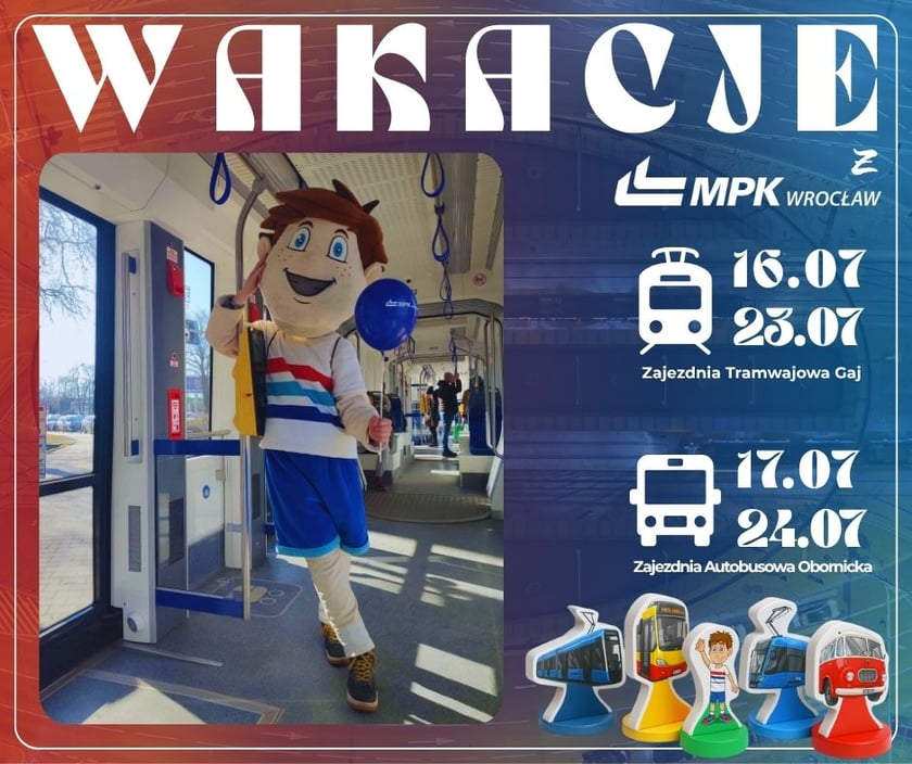 Plakat zachęcający do wzięcia udziału w "Wakacjach z MPK"