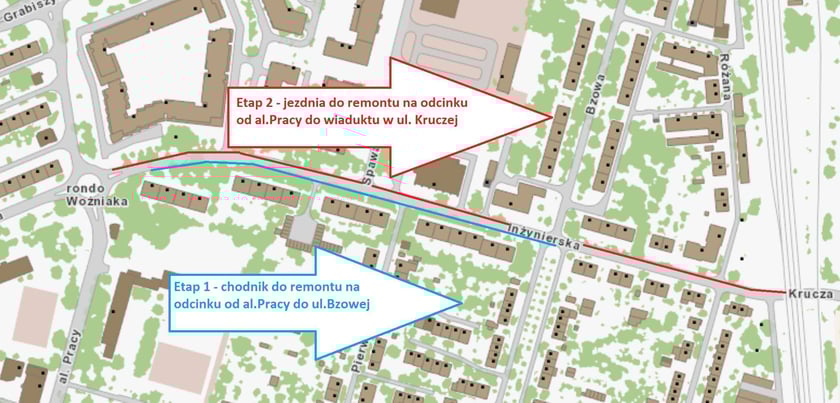 Mapa przedstawia dwa etapy remontu ul. Inżynierskiej
