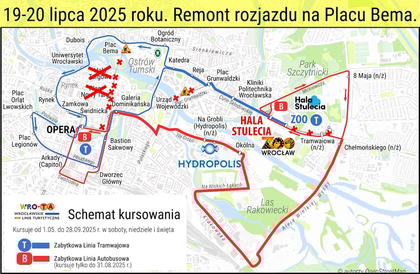 Mapa z objazdem dla linii T Wrocławskich Linii Turystycznych
