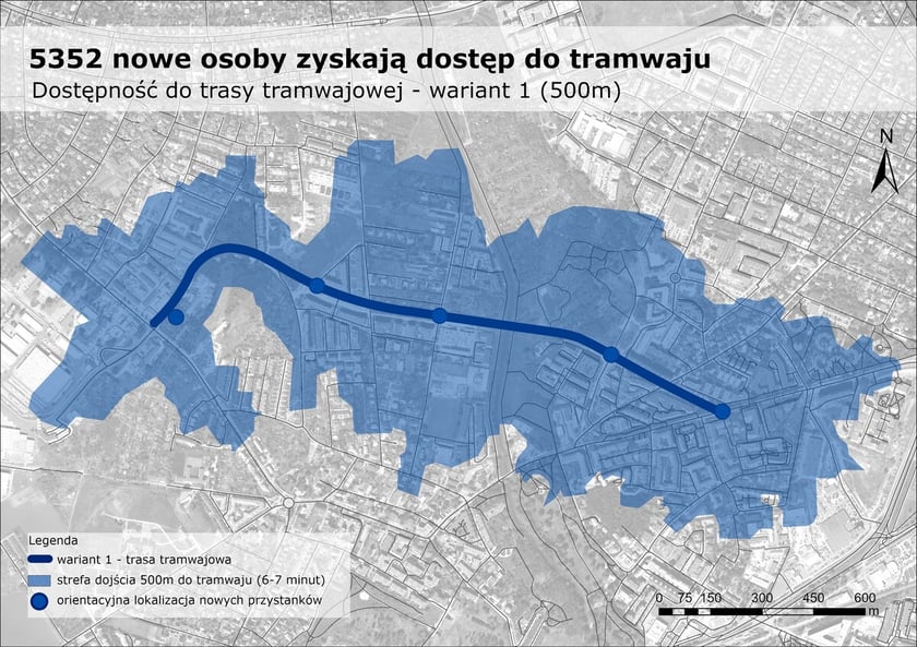 <p class="MsoNormal">Dostęp do trasy tramwajowej w odległości 500 metr&oacute;w od miejsca zamieszkania &ndash; wariant 1</p>