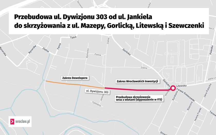 Mapa przedstawia zakres przebudowy ulicy Dywizjonu 303