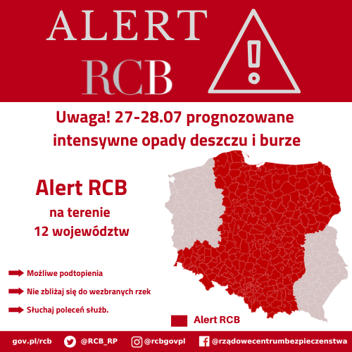 <p>Alert RCB ostrzegający przed intensywnymi opadami deszczu i burzami na terenie 12 wojew&oacute;dztw w dniach 27-28 lipca 2025. Infografika</p>