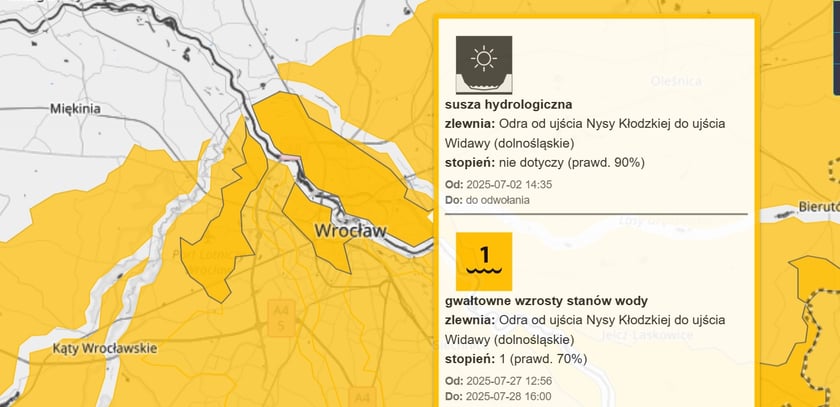 Mapa przedstawiająca ostrzeżenia hydrologiczne dla Wrocławia