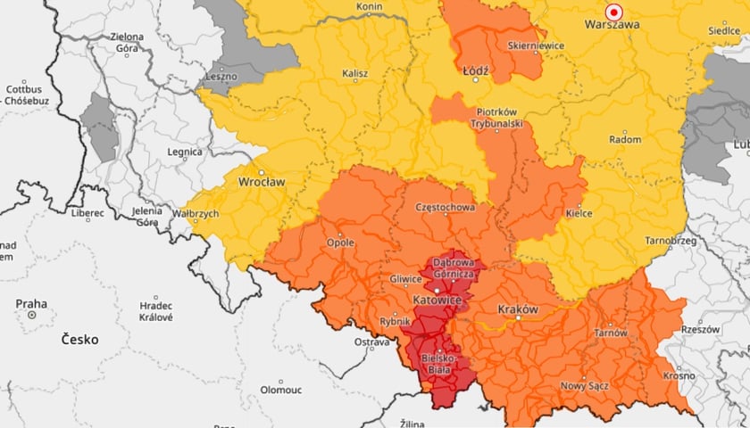Mapa przedstawiająca ostrzeżenia hydrologiczne dla Wrocławia, Dolnego Śląska oraz województw: opolskiego, śląskiego, wielkopolskiego, łódzkiego