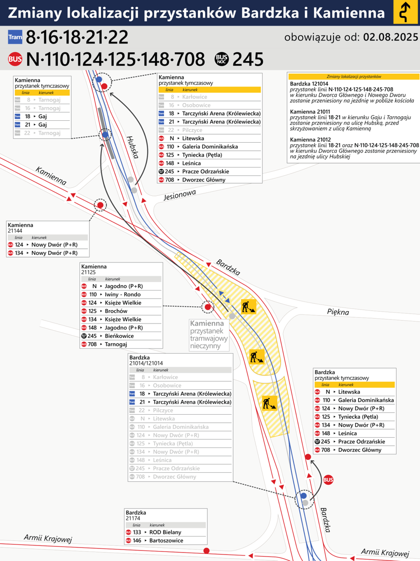Mapa przedstawia zmienione lokalizacje przystanków