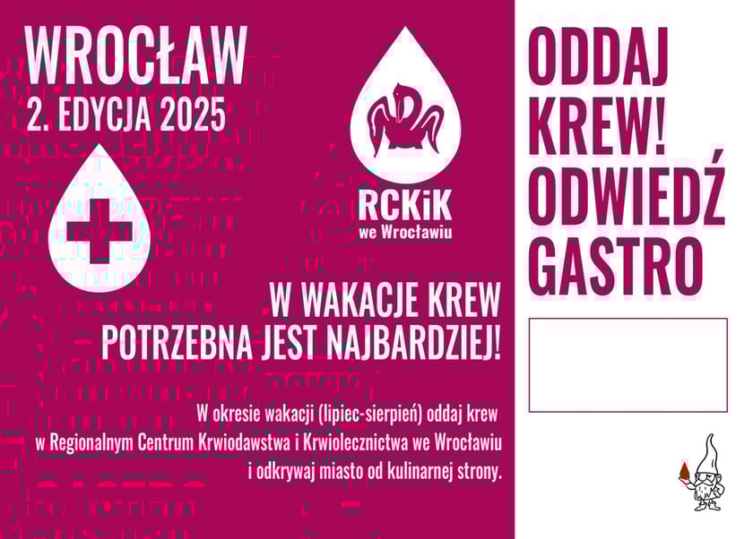 <p>Plakat akcji&nbsp;<strong><span style="font-family: Calibri, sans-serif; font-size: 12pt;">&bdquo;Oddaj krew &ndash; odwiedź gastro&rdquo;</span></strong></p>