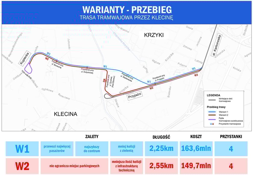Mapa z dwoma wariantami tras tramwaju przez Klecinę, które zostają poddane konsultacjom