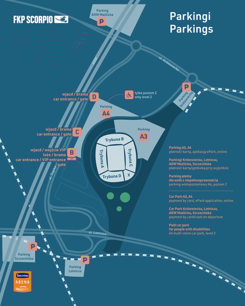 <p>Parkingi zlokalizowane wok&oacute;ł Tarczyński Areny</p>