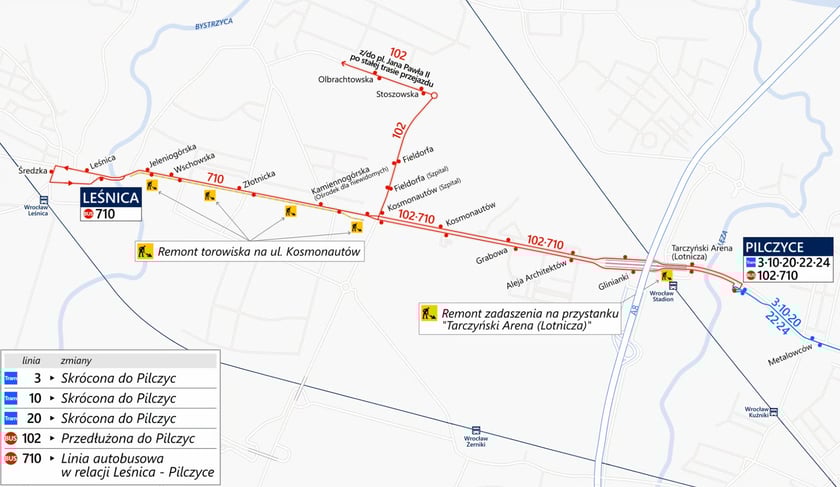 Mapa przedstawia schemat komunikacji miejskiej na Leśnicę w dniach 6-7 września