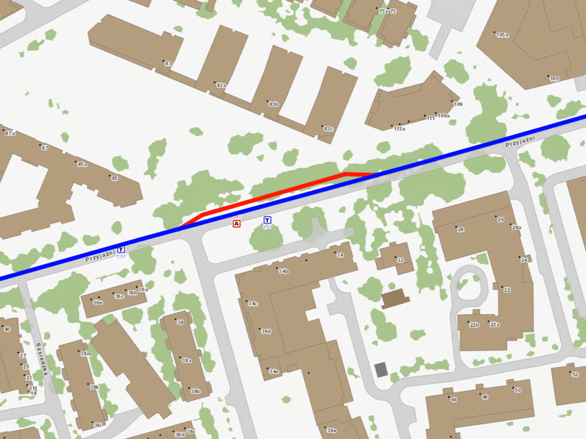 Mapa przedstawia miejsce mijanki budowanej na ulicy Przyjaźni