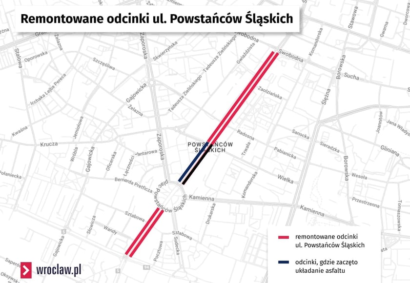 <p>Mapa pokazująca remontowane odcinki ul. Powstańc&oacute;w Śląskich</p>