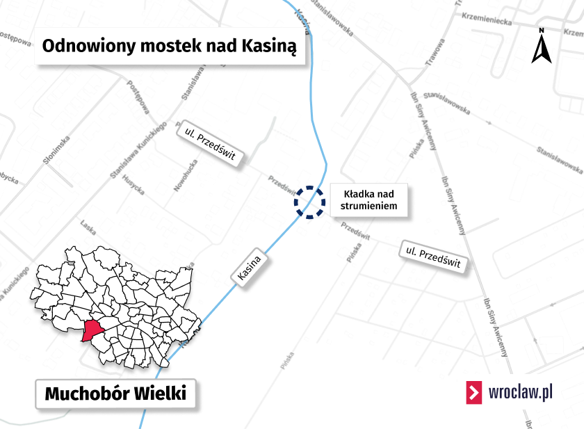 Mapa z zaznaczonym mostkiem i strumieniem Kasina