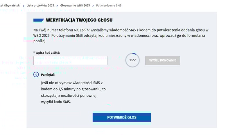 <p>Potwierdzenie głosowania przy użyciu kodu z SMS-a.</p>