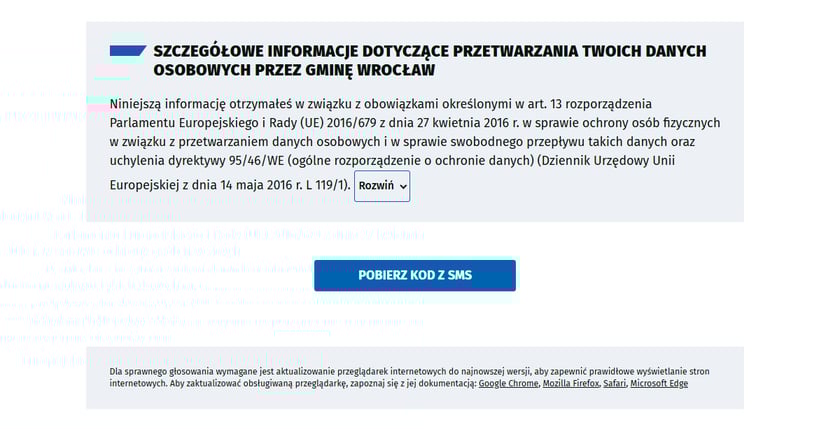 <p>Formularz głosowania WBO 2025 - kilknij w przycisk "pobierz kod sms"</p>