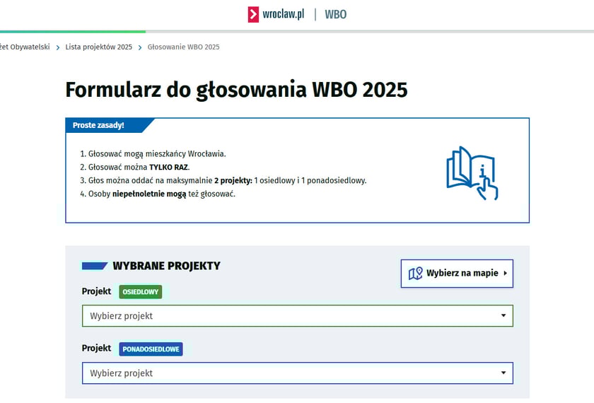 <p>Formularz głosowania WBO 2025 - wyb&oacute;r projekt&oacute;w.&nbsp;</p>