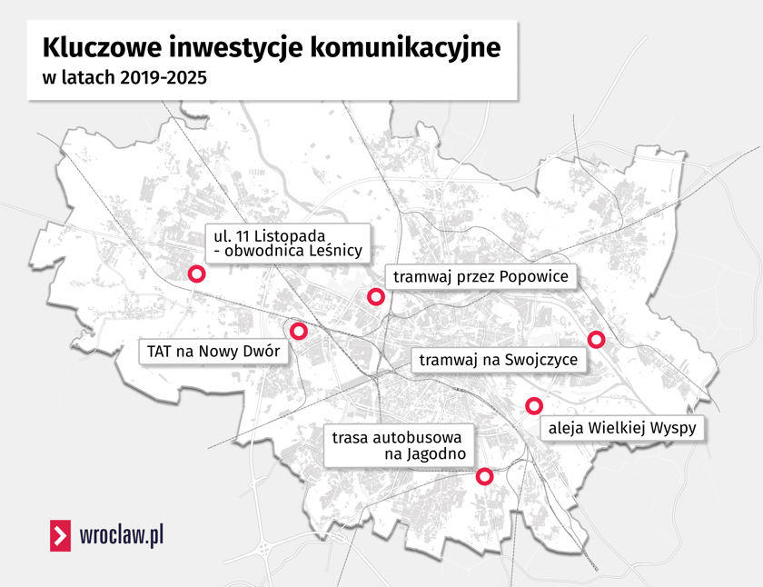 Mapa przedstawia lokalizację kluczowych inwestycji komunikacyjnych
