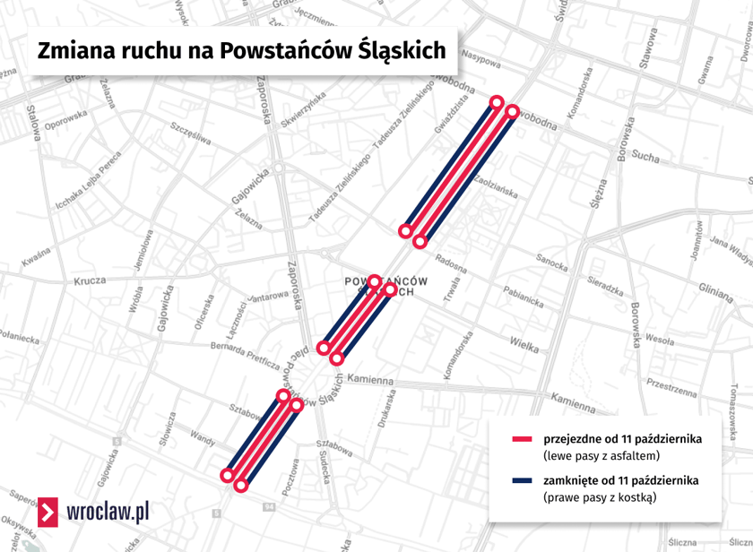 Mapa pokazująca zmianę ruchu na Powstańców Śląskich od 11 października