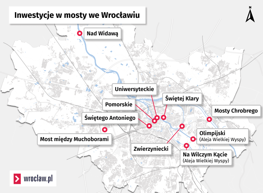 Mapa z wybranymi inwestycjami mostowymi z lat 2019-2025 we Wrocławiu