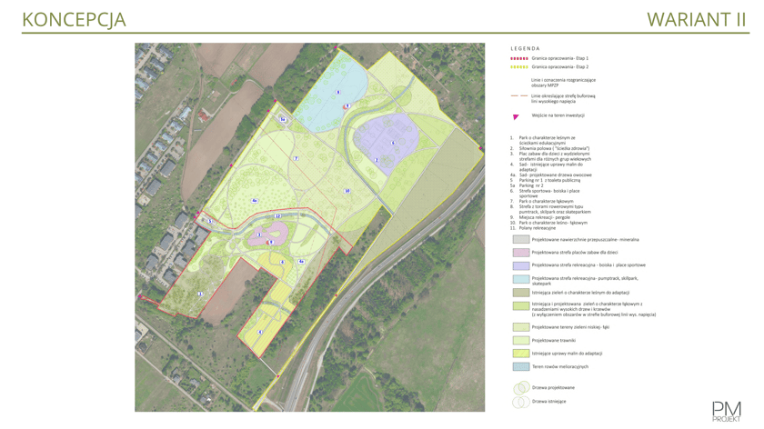 Rysunek przedstawiający wariant 2 - plan zagospodarowania terenu. Szczegółowy opis znajduje się w artykule.