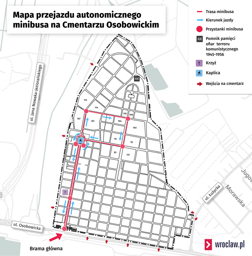 Mapa przedstawia trasę autonomicznego busa na cmentarzu Osobowickim